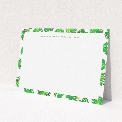 A couples correspondence card template titled 'Jungle Sky'. It is an A5 card in a landscape orientation. 'Jungle Sky' is available as a flat card, with tones of green and white.