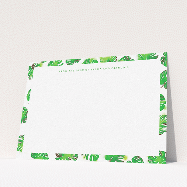 A couples correspondence card template titled "Jungle Sky". It is an A5 card in a landscape orientation. "Jungle Sky" is available as a flat card, with tones of green and white.