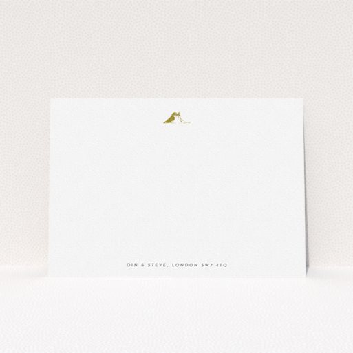 A couples correspondence card template titled "Lovebirds". It is an A5 card in a landscape orientation. "Lovebirds" is available as a flat card, with tones of white and Dark gold.