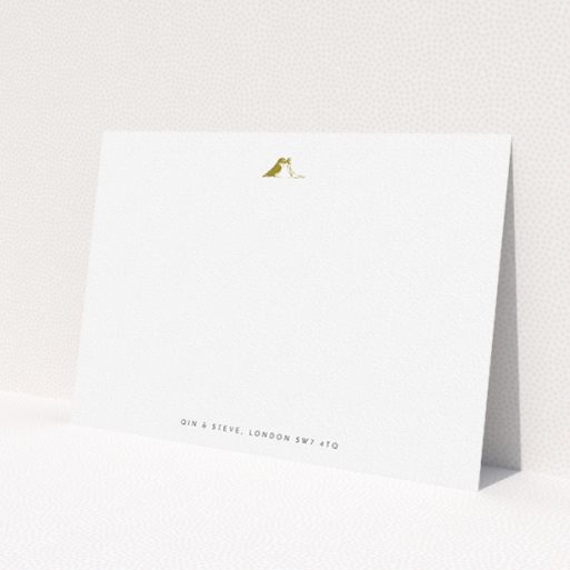 A couples correspondence card template titled 'Lovebirds'. It is an A5 card in a landscape orientation. 'Lovebirds' is available as a flat card, with tones of white and Dark gold.