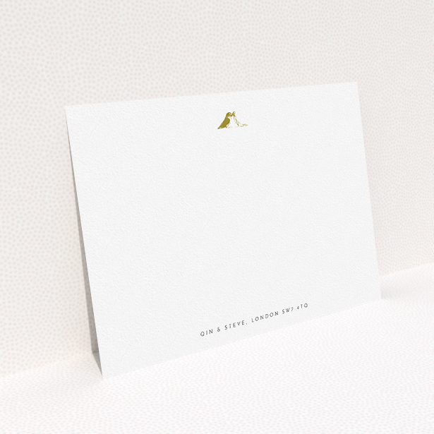 A couples correspondence card template titled "Lovebirds". It is an A5 card in a landscape orientation. "Lovebirds" is available as a flat card, with tones of white and Dark gold.