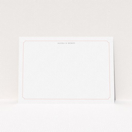 A couples correspondence card design called "Pink circle border". It is an A6 card in a landscape orientation. "Pink circle border" is available as a flat card, with tones of white and pink.