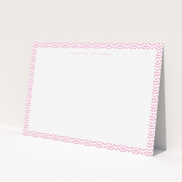A couples correspondence card design called 'Pink Fan Pattern'. It is an A5 card in a landscape orientation. 'Pink Fan Pattern' is available as a flat card, with tones of pink and white.