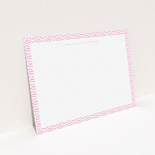 A couples correspondence card design called "Pink Fan Pattern". It is an A5 card in a landscape orientation. "Pink Fan Pattern" is available as a flat card, with tones of pink and white.