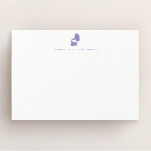Correspondence Card Design (Couples) - "Purple sound" A couples correspondence card design named "Purple sound". It is an A5 card in a landscape orientation. "Purple sound" is available as a flat card, with tones of white and purple.