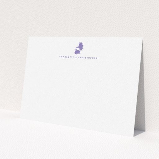 A couples correspondence card design named 'Purple sound'. It is an A5 card in a landscape orientation. 'Purple sound' is available as a flat card, with tones of white and purple.