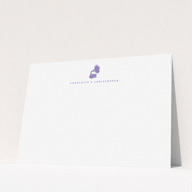 A couples correspondence card design named "Purple sound". It is an A5 card in a landscape orientation. "Purple sound" is available as a flat card, with tones of white and purple.