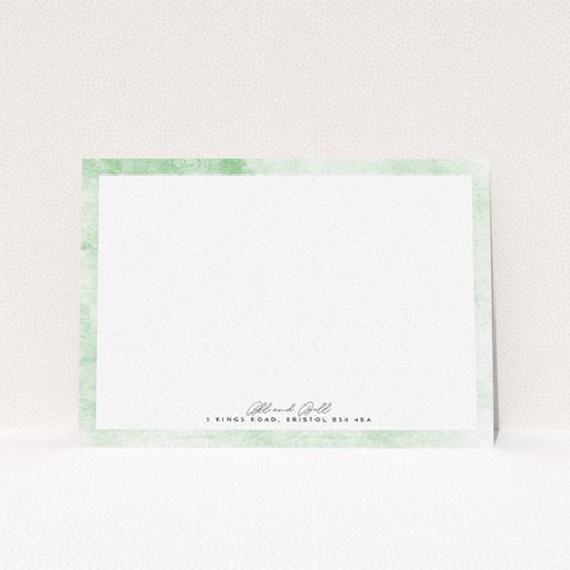 A couples correspondence card design called "Rustic Green". It is an A6 card in a landscape orientation. "Rustic Green" is available as a flat card, with tones of green and white.