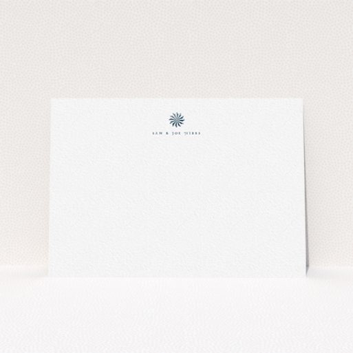 A couples correspondence card design called "Shaded sundial". It is an A6 card in a landscape orientation. "Shaded sundial" is available as a flat card, with tones of white and Navy blue.