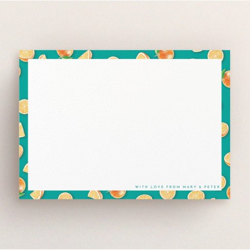 Correspondence Card Design (Couples) - "Summer oranges" A couples correspondence card design called "Summer oranges". It is an A5 card in a landscape orientation. "Summer oranges" is available as a flat card, with tones of white, orange and green.