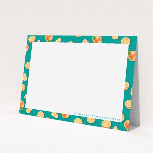 A couples correspondence card design called 'Summer oranges'. It is an A5 card in a landscape orientation. 'Summer oranges' is available as a flat card, with tones of white, orange and green.