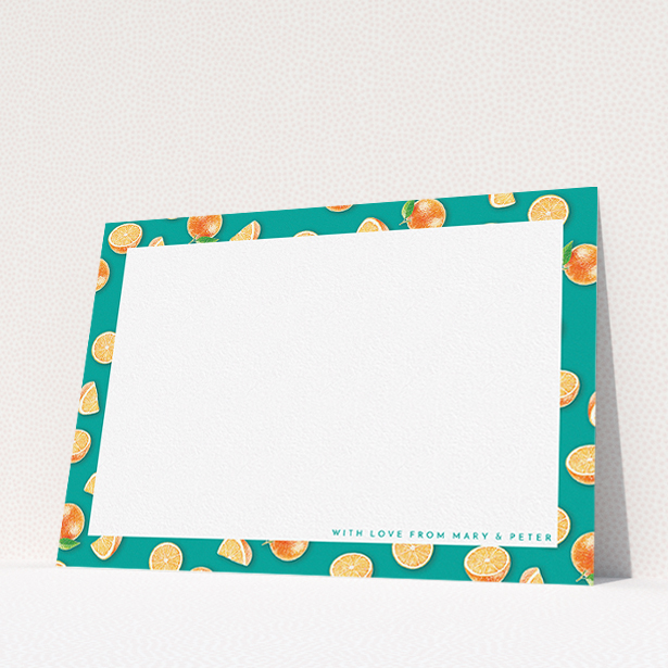A couples correspondence card design called "Summer oranges". It is an A5 card in a landscape orientation. "Summer oranges" is available as a flat card, with tones of white, orange and green.