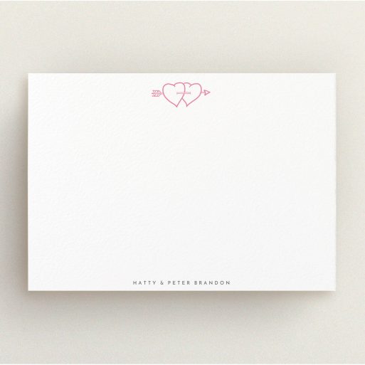 Correspondence Card Design (Couples) - "Through the hearts" A couples correspondence card named "Through the hearts". It is an A5 card in a landscape orientation. "Through the hearts" is available as a flat card, with tones of white and pink.