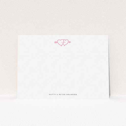 A couples correspondence card named "Through the hearts". It is an A5 card in a landscape orientation. "Through the hearts" is available as a flat card, with tones of white and pink.