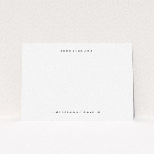 A couples correspondence card design named "Top and bottom". It is an A6 card in a landscape orientation. "Top and bottom" is available as a flat card, with mainly white colouring.