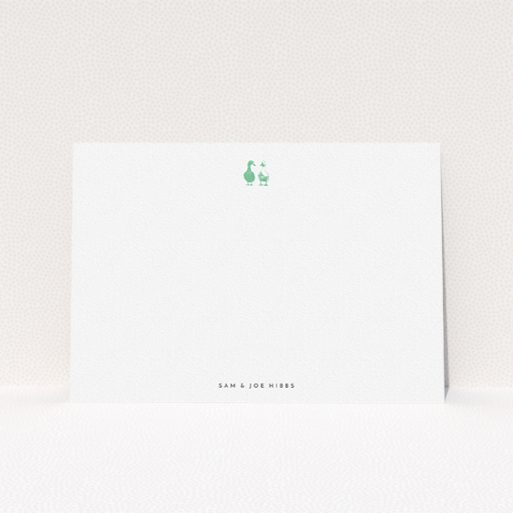 A couples correspondence card design called "Two little ducks". It is an A5 card in a landscape orientation. "Two little ducks" is available as a flat card, with tones of white and green.