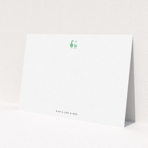 A couples correspondence card design called 'Two little ducks'. It is an A5 card in a landscape orientation. 'Two little ducks' is available as a flat card, with tones of white and green.