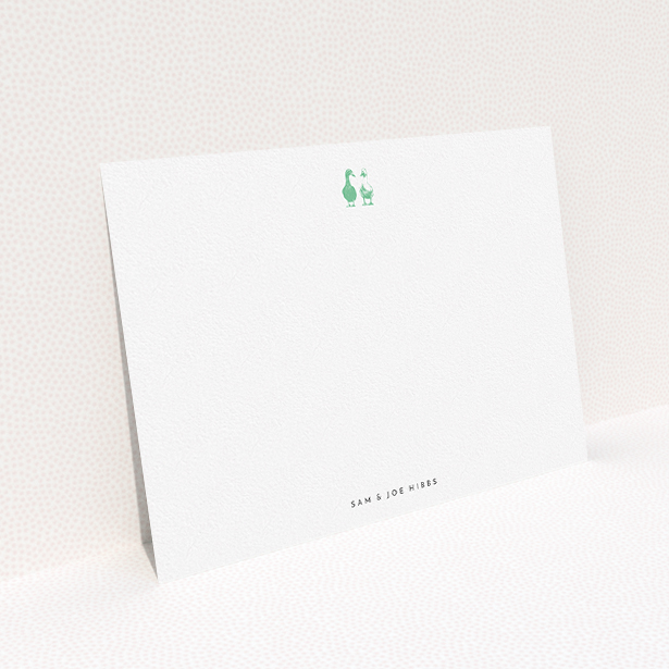 A couples correspondence card design called "Two little ducks". It is an A5 card in a landscape orientation. "Two little ducks" is available as a flat card, with tones of white and green.