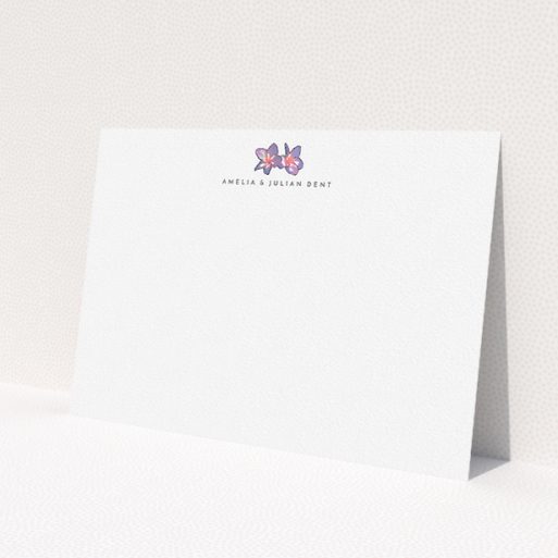 A couples correspondence card design named 'Watercolour orchids'. It is an A5 card in a landscape orientation. 'Watercolour orchids' is available as a flat card, with tones of white and blue.