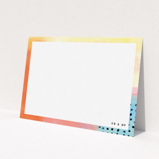 A couples custom writing stationery design titled 'Abstract Pastel'. It is an A5 card in a landscape orientation. 'Abstract Pastel' is available as a flat card, with tones of orange, red and yellow.