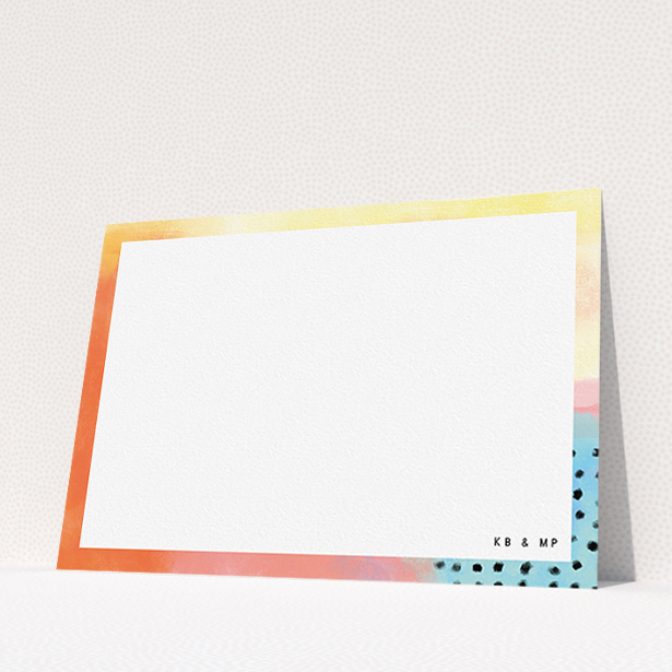 A couples custom writing stationery design titled "Abstract Pastel". It is an A5 card in a landscape orientation. "Abstract Pastel" is available as a flat card, with tones of orange, red and yellow.