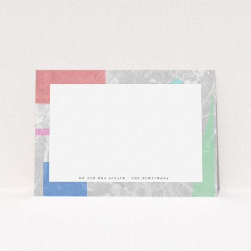 A couples custom writing stationery template titled "Abstract Stone". It is an A5 card in a landscape orientation. "Abstract Stone" is available as a flat card, with tones of light grey and red.