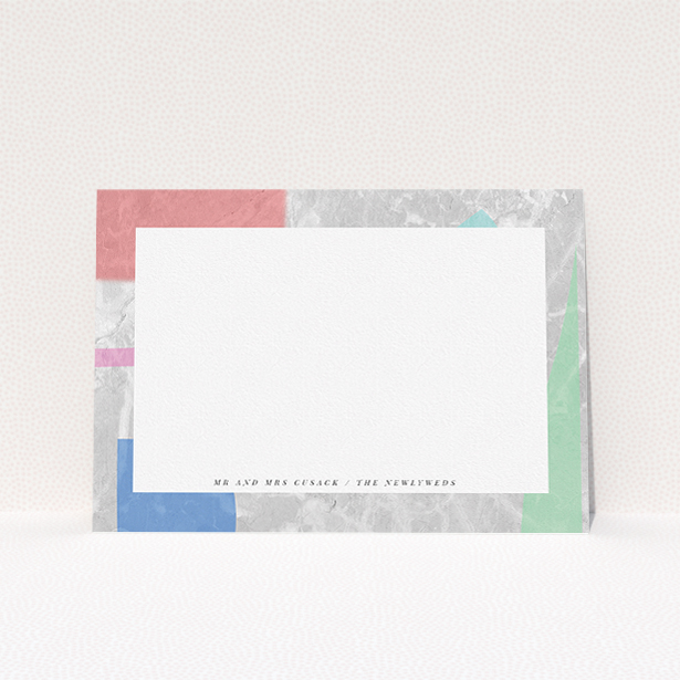 A couples custom writing stationery template titled "Abstract Stone". It is an A5 card in a landscape orientation. "Abstract Stone" is available as a flat card, with tones of light grey and red.