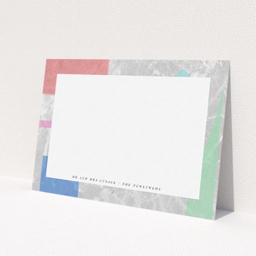 A couples custom writing stationery template titled 'Abstract Stone'. It is an A5 card in a landscape orientation. 'Abstract Stone' is available as a flat card, with tones of light grey and red.