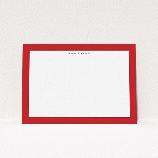 A couples custom writing stationery design titled "Big red". It is an A6 card in a landscape orientation. "Big red" is available as a flat card, with tones of red and white.
