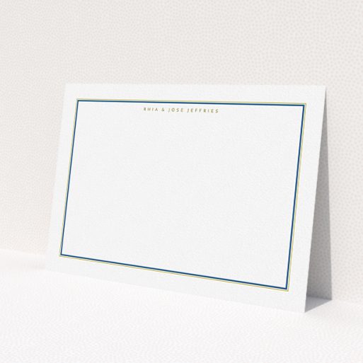 A couples custom writing stationery named 'Blue and gold'. It is an A5 card in a landscape orientation. 'Blue and gold' is available as a flat card, with mainly white colouring.
