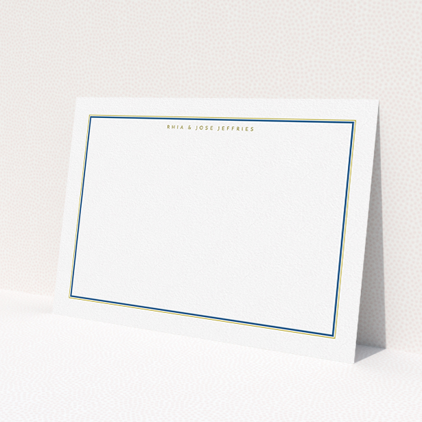 A couples custom writing stationery named 'Blue and gold'. It is an A5 card in a landscape orientation. 'Blue and gold' is available as a flat card, with mainly white colouring.
