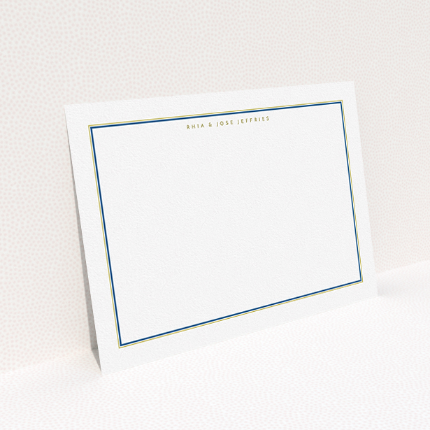 A couples custom writing stationery named "Blue and gold". It is an A5 card in a landscape orientation. "Blue and gold" is available as a flat card, with mainly white colouring.