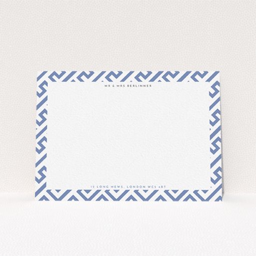 A couples custom writing stationery design titled "Blue and white corners". It is an A6 card in a landscape orientation. "Blue and white corners" is available as a flat card, with tones of blue and white.