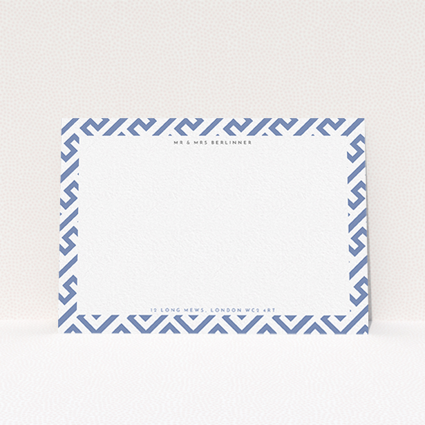 A couples custom writing stationery design titled "Blue and white corners". It is an A6 card in a landscape orientation. "Blue and white corners" is available as a flat card, with tones of blue and white.