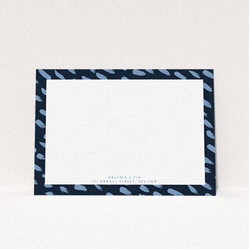 A couples custom writing stationery named "Blue smudge". It is an A6 card in a landscape orientation. "Blue smudge" is available as a flat card, with tones of blue and white.