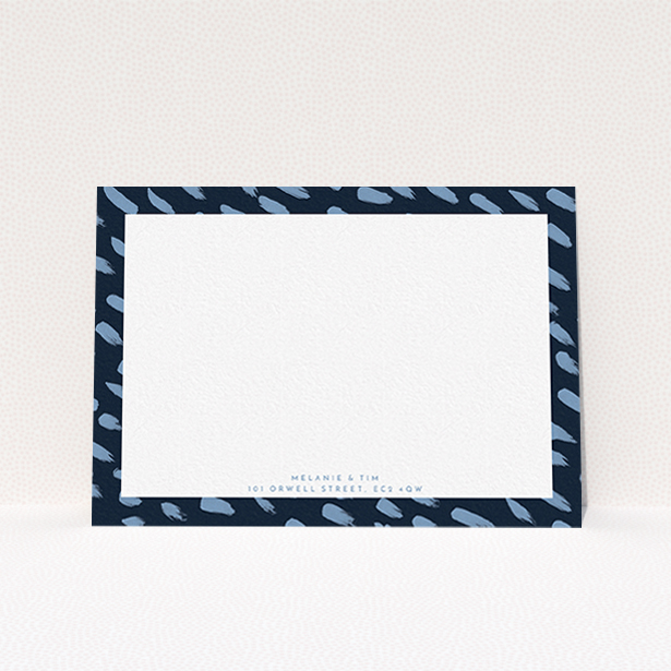 A couples custom writing stationery named "Blue smudge". It is an A6 card in a landscape orientation. "Blue smudge" is available as a flat card, with tones of blue and white.