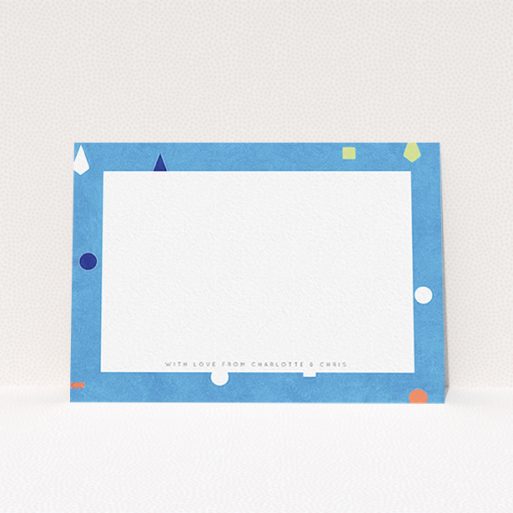 A couples custom writing stationery called "Capri". It is an A6 card in a landscape orientation. "Capri" is available as a flat card, with tones of light blue and orange.