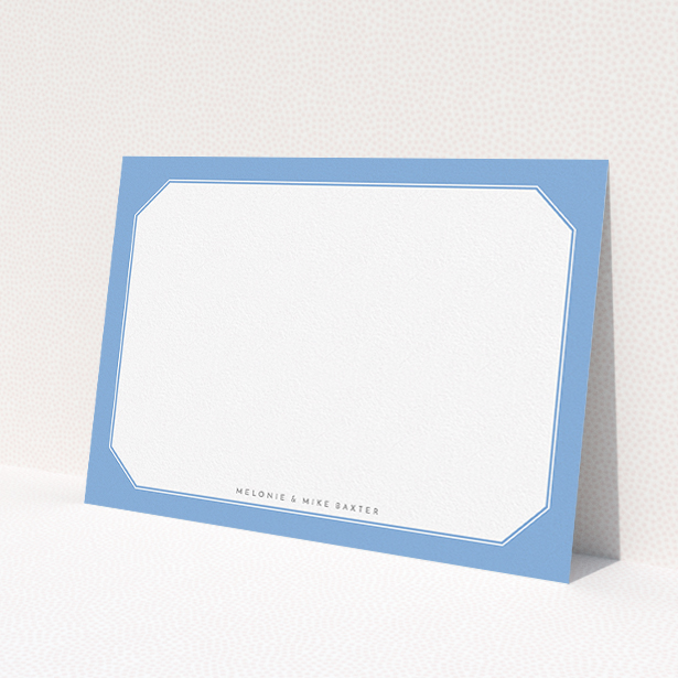 A couples custom writing stationery design titled 'Classic Blur'. It is an A5 card in a landscape orientation. 'Classic Blur' is available as a flat card, with tones of blue and white.