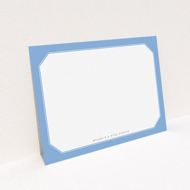 A couples custom writing stationery design titled "Classic Blur". It is an A5 card in a landscape orientation. "Classic Blur" is available as a flat card, with tones of blue and white.