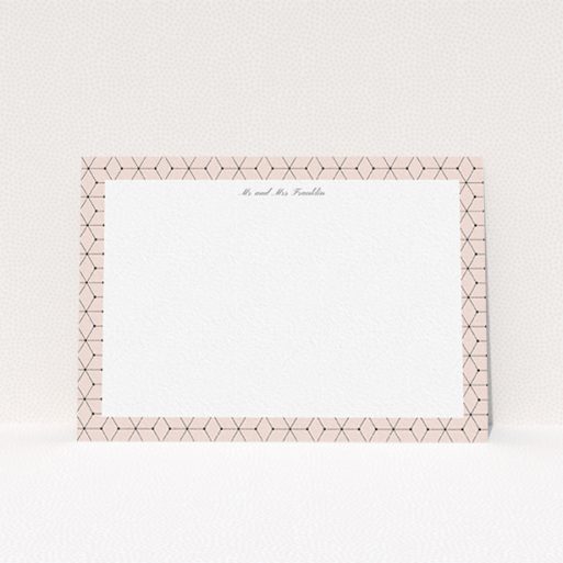 A couples custom writing stationery design called "Connect the dots". It is an A6 card in a landscape orientation. "Connect the dots" is available as a flat card, with tones of pink and white.