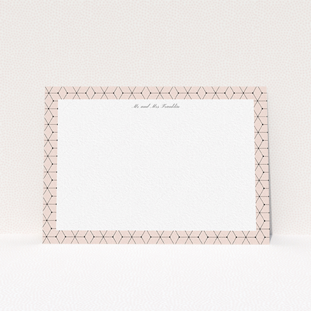A couples custom writing stationery design called "Connect the dots". It is an A6 card in a landscape orientation. "Connect the dots" is available as a flat card, with tones of pink and white.