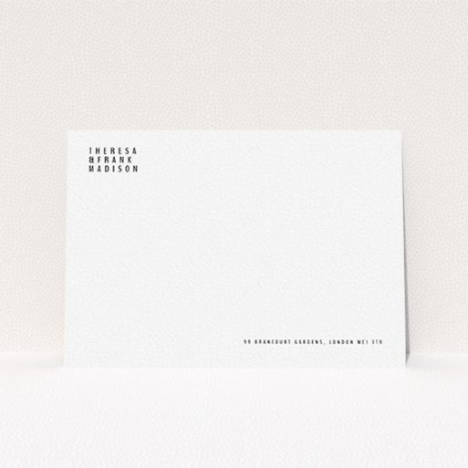 A couples custom writing stationery named "Corner to corner". It is an A6 card in a landscape orientation. "Corner to corner" is available as a flat card, with mainly white colouring.