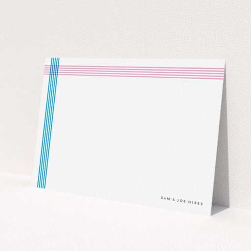 A couples custom writing stationery called 'Crossing Paths'. It is an A5 card in a landscape orientation. 'Crossing Paths' is available as a flat card, with tones of blue and pink.