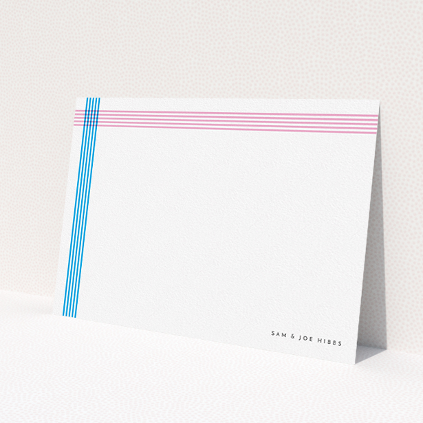 A couples custom writing stationery called "Crossing Paths". It is an A5 card in a landscape orientation. "Crossing Paths" is available as a flat card, with tones of blue and pink.