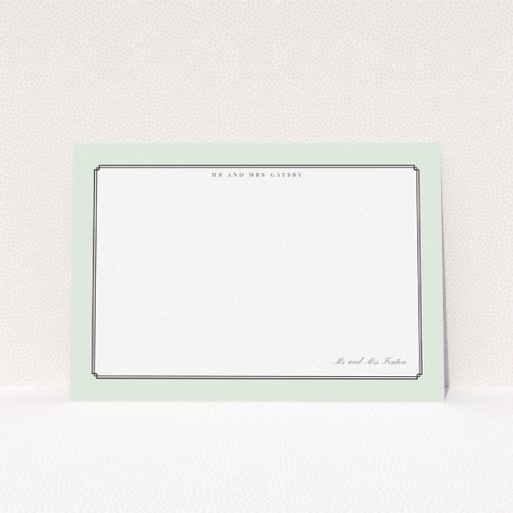 A couples custom writing stationery called "Deco mint". It is an A5 card in a landscape orientation. "Deco mint" is available as a flat card, with tones of green and white.