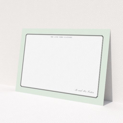 A couples custom writing stationery called 'Deco mint'. It is an A5 card in a landscape orientation. 'Deco mint' is available as a flat card, with tones of green and white.