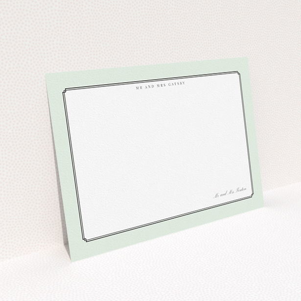 A couples custom writing stationery called "Deco mint". It is an A5 card in a landscape orientation. "Deco mint" is available as a flat card, with tones of green and white.