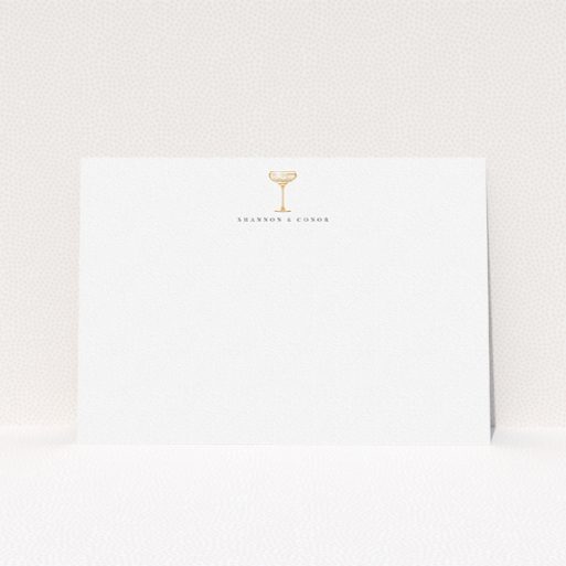 A couples custom writing stationery design called "Deco party". It is an A5 card in a landscape orientation. "Deco party" is available as a flat card, with tones of white and gold.