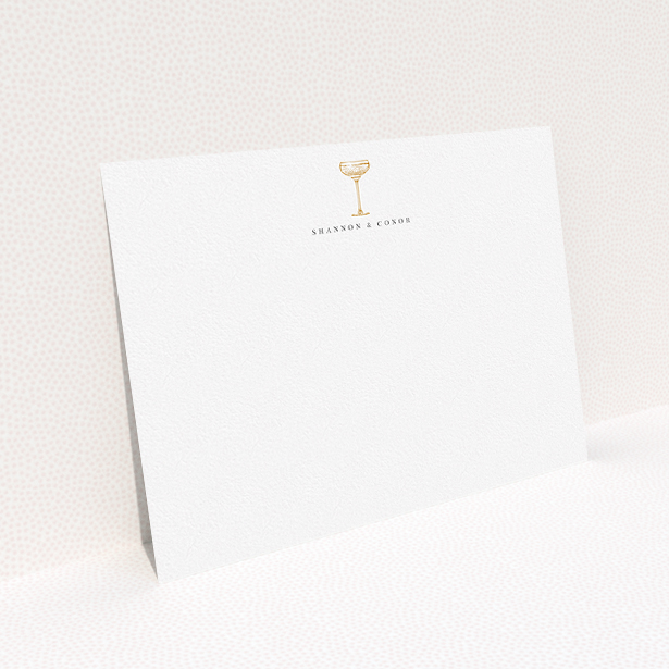 A couples custom writing stationery design called "Deco party". It is an A5 card in a landscape orientation. "Deco party" is available as a flat card, with tones of white and gold.