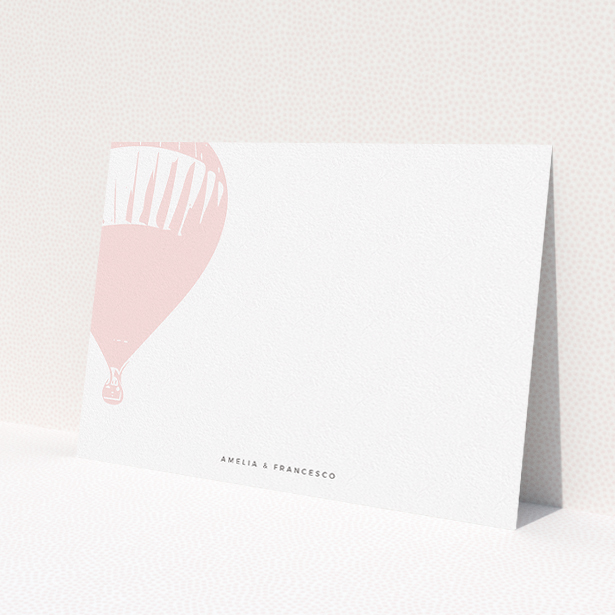 A couples custom writing stationery template titled "Drifting away". It is an A5 card in a landscape orientation. "Drifting away" is available as a flat card, with tones of pink and white.